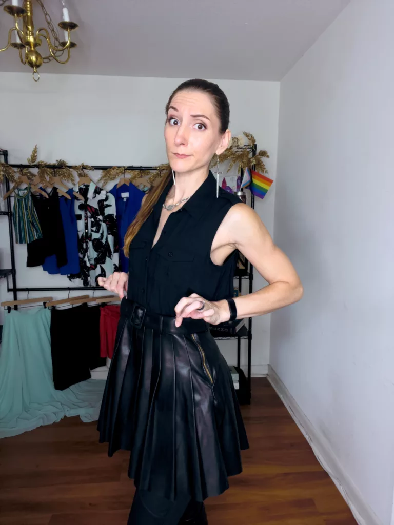 Bri showing off her newly thrifted pleather skirt and the importance of fit, function, and flatter in an outfit