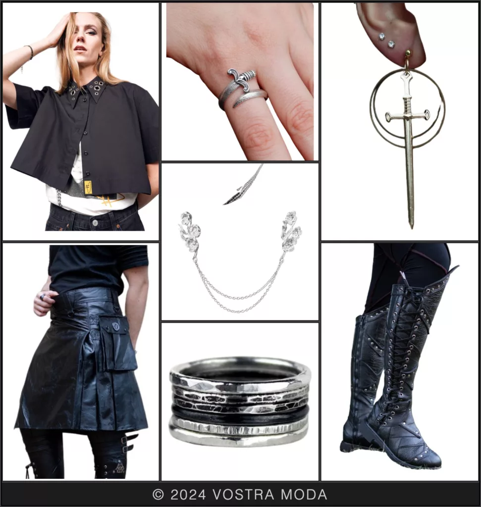 The mx fashion flatlay inspired by a thrifted pleather skirt and featuring a leather kilt as the staple item