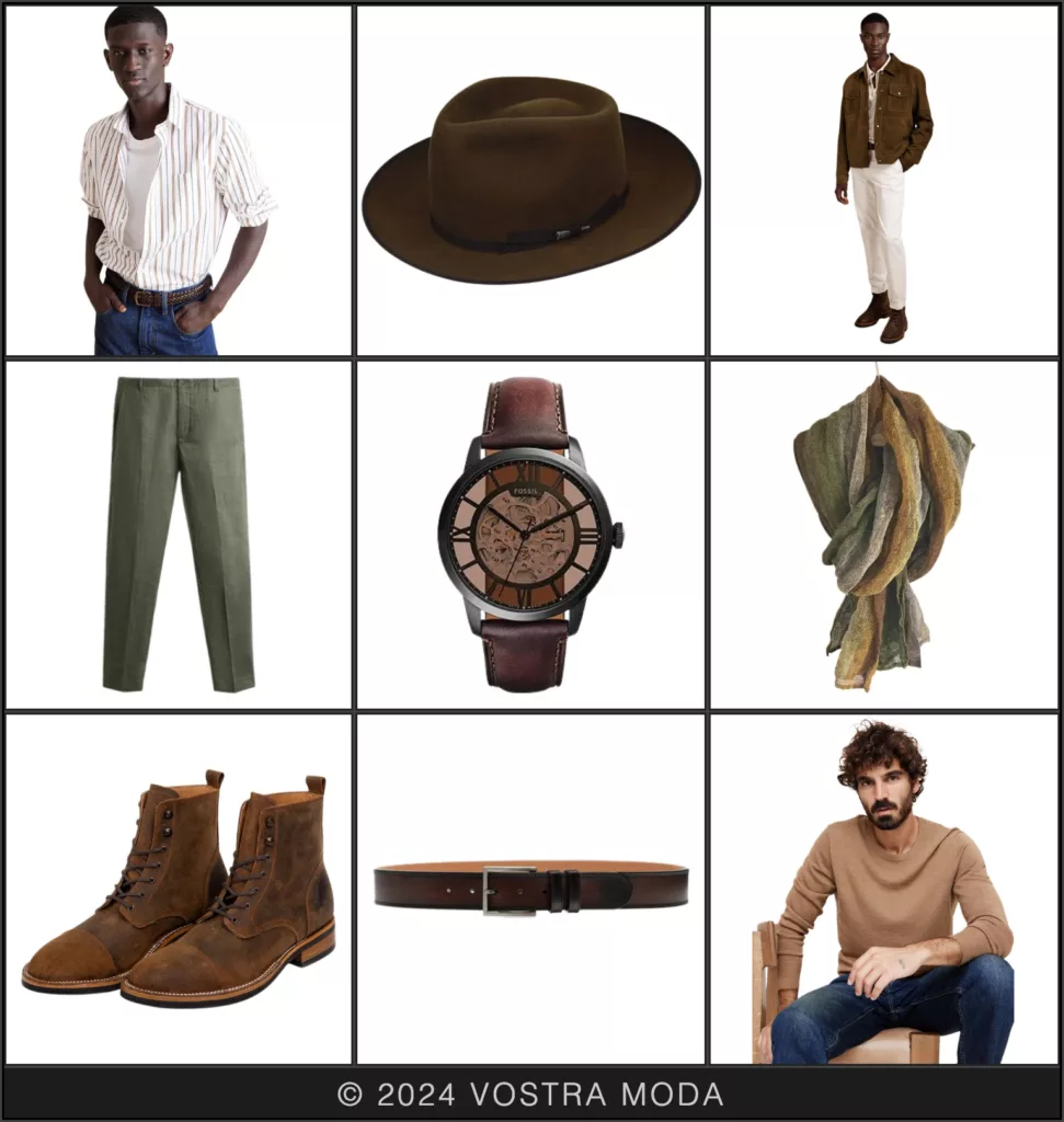 The mr fall foliage inspired flatlay featuring a color palette of olive green, camel, and brown