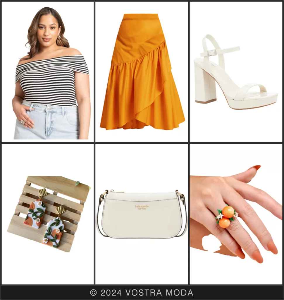 The Ms. fashion flatlay for bright colors featuring an orange skirt