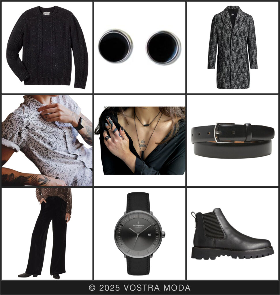 The mx fashion flatlay for winter date night inspiration featuring a black and gray monochrome theme and warm winter materials like velvet pants paired with a wool sweater and coat for some toasty but still cool vibes!