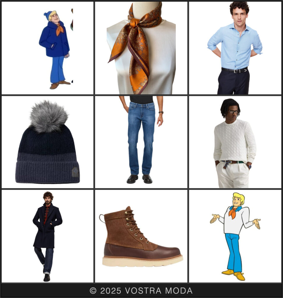 The mr fashion flatlay inspired by winter cosplay features Fred Jones from Scooby Doo, specifically his winter outfit in "That's Snow Ghost" - I recreated that look over his typical blue button-down and white sweater outfit to stay on theme with winter layers!