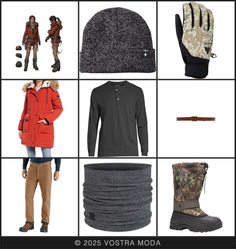 The mx fashion flatlay inspired by winter cosplay features Lara Croft from the second Tomb Raider game, "Rise of the Tomb Raider", in her winter gear! Nothing says outdoor adventure like fleece-lined carpenter pants, an orange puffer jacket, and layerable winter gear!