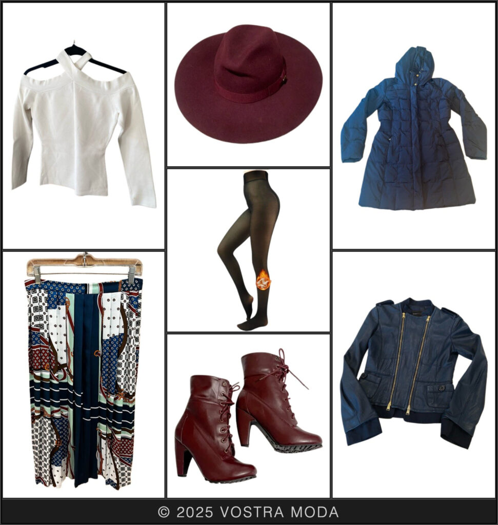 The ms fashion flatlay featuring items from online thrift stores! Layer a printed skirt over fleece lined leggings and pair with a neutral cutout blouse and blue leather jacket for a chic but slightly edgy outfit! Pair with burgundy boots and a matching hat to make the burgundy from the pattern in the skirt pop, and layer a navy blue puffer coat over the entire outfit for additional warmth.