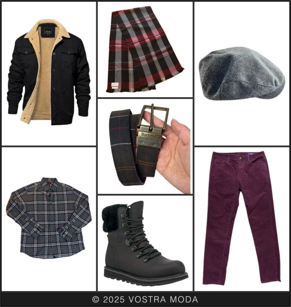 The mr fashion flatlay featuring items from online thrift stores! Pair a gray flannel with burgundy corduroy pants, charcoal boots, and a plaid scarf and belt. Add a sherpa-lined denim jacket and gray wool cap for additional warmth!