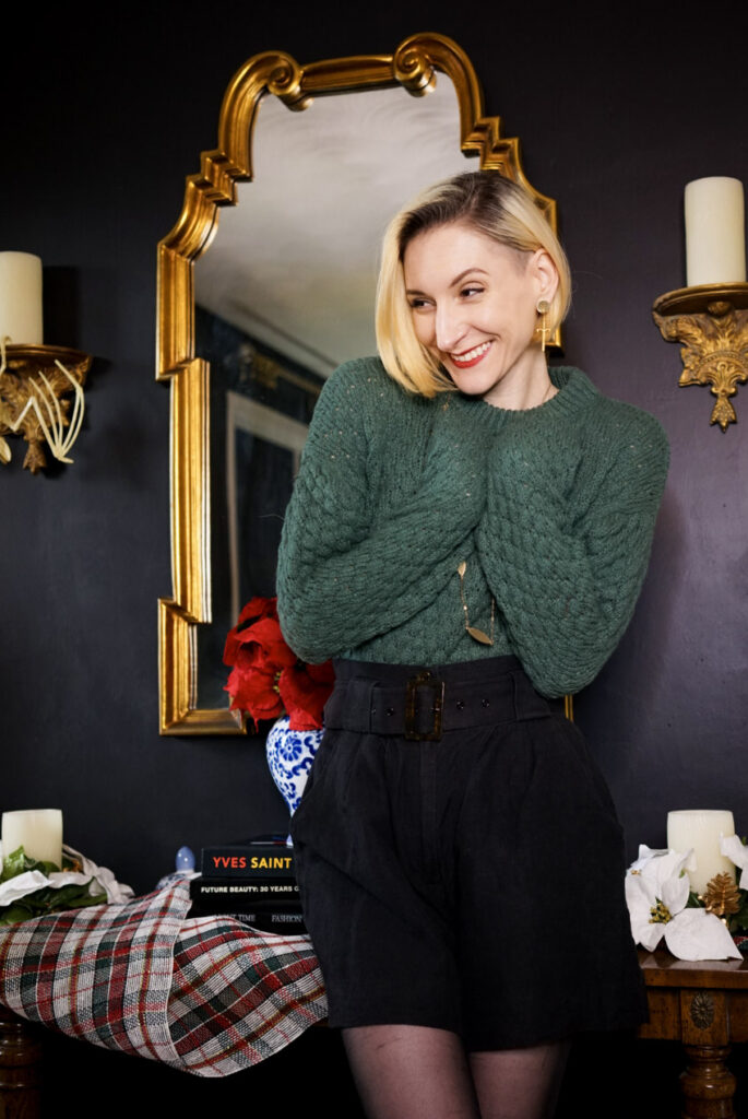 Bri feels cozy and cute for her winter date night in a teal sweater, and high waisted shorts layered over fleece tights and heeled boots!