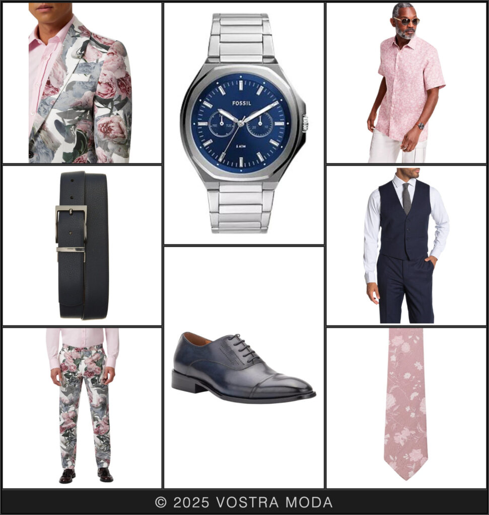 The mr fashion flatlay inspired by the bloom with style floral event - mix and match scale of prints by staying with the same color scheme and layering like we did with the pink floral print on the button down, tie, and suit jacket, all with different scale florals.