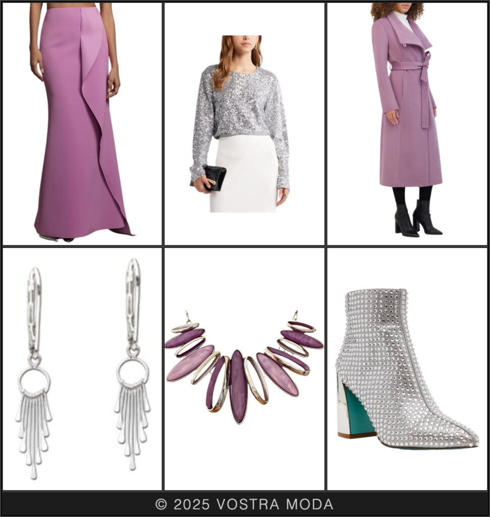 The ms fashion flatlay featuring bold color combos of pastel lilac and metallic textures and silver tones - a fun option for the bold and glam loving girlies 