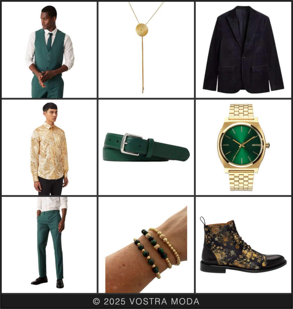 The mr fashion flatlay featuring bold color combos of gold and green with some floral detailing - all great shoutouts to the upcoming Spring season as well!