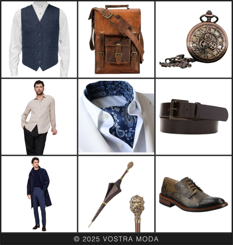 The mr fashion flatlay inspired by a fantasy scholar world embodies a professional and proper academic. A blue and brown color palette with natural fiber textures gives a feeling of comfort while remaining put together with fitted elements such as a fitted vest, paisley print ascot, and floral embossed oxfords. Small details like a bronze pocket watch, leather satchel, and lion head handle umbrella add an air of aristocracy to this suave scholarly look.