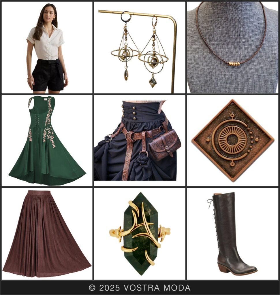 The ms fashion flatlay inspired by a fantasy scholar world, embraces the outfit of a whimsical alchemist. Following a natural color palette of greens, brown, and creams, details like floral embroidery on the overdress add feminine elements without taking away from the studious inspiration. Accent details such as a magical-looking green ring, bronze celestial-inspired earrings, and a curious pin bring some backstory to this outfit. Don't forget your belted hip pouch to keep important documents or crafting components close by during long nights of research!