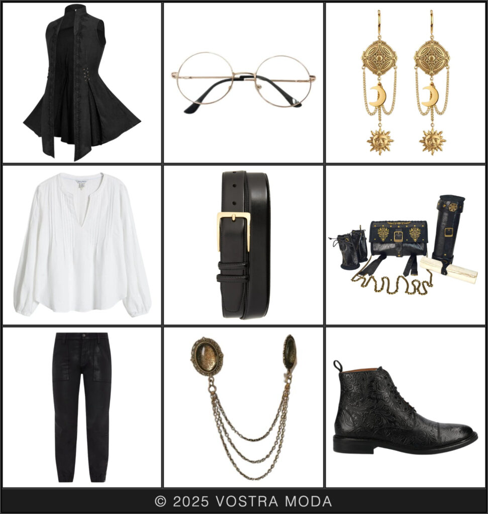 The mx fashion flatlay inspired by the fantasy scholar world. The sharp contrast of black and white with gold details makes this a simple but elegant statement. Gold rimmed glasses, constellation earrings, and unique items like antique style collar pins and a black and gold satchel help you to embody a focused academic.