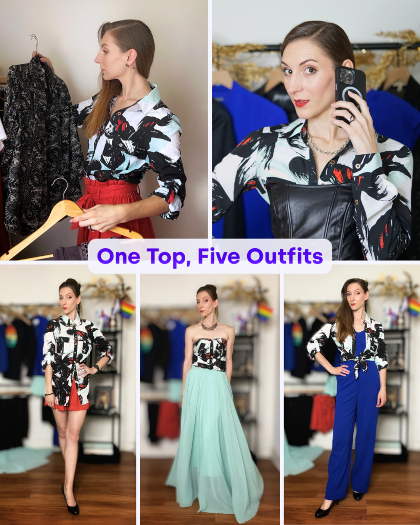 Bri shows how versatile one good item can be to transform your outfit from casual to formal using an abstract floral print button down in different outfits. Top left is paired with orange shorts and tucked in, top right is worn buttoned up with a black corset over top, bottom left is buttoned all the way up and worn untucked over top of orange shorts, bottom middle is worn tied into a strapless top and layered beneath a maxi skirt, and bottom right is worn over top of a blue jumpsuit, unbuttoned and knotted at the waist!