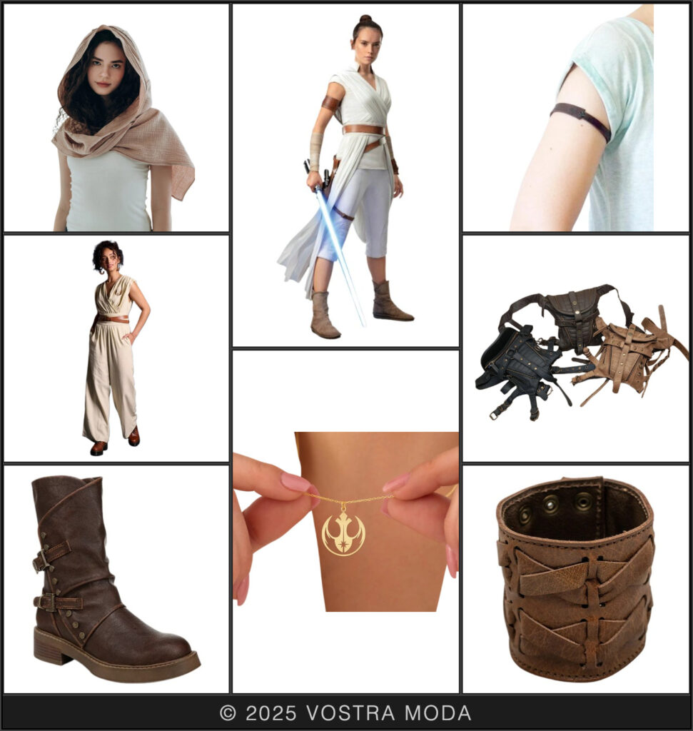 The ms Star Wars flatlay this week is inspired by the character, Rey. This jumpsuit is already based on Rey's outfit, so by adding a cream colored cowl and other neutral color accents, you can create more interest in your outfit. Simple accents like the gold Jedi Order symbol on a necklace are a fun touch for this particular character and a shout-out to the Star Wars fandom!