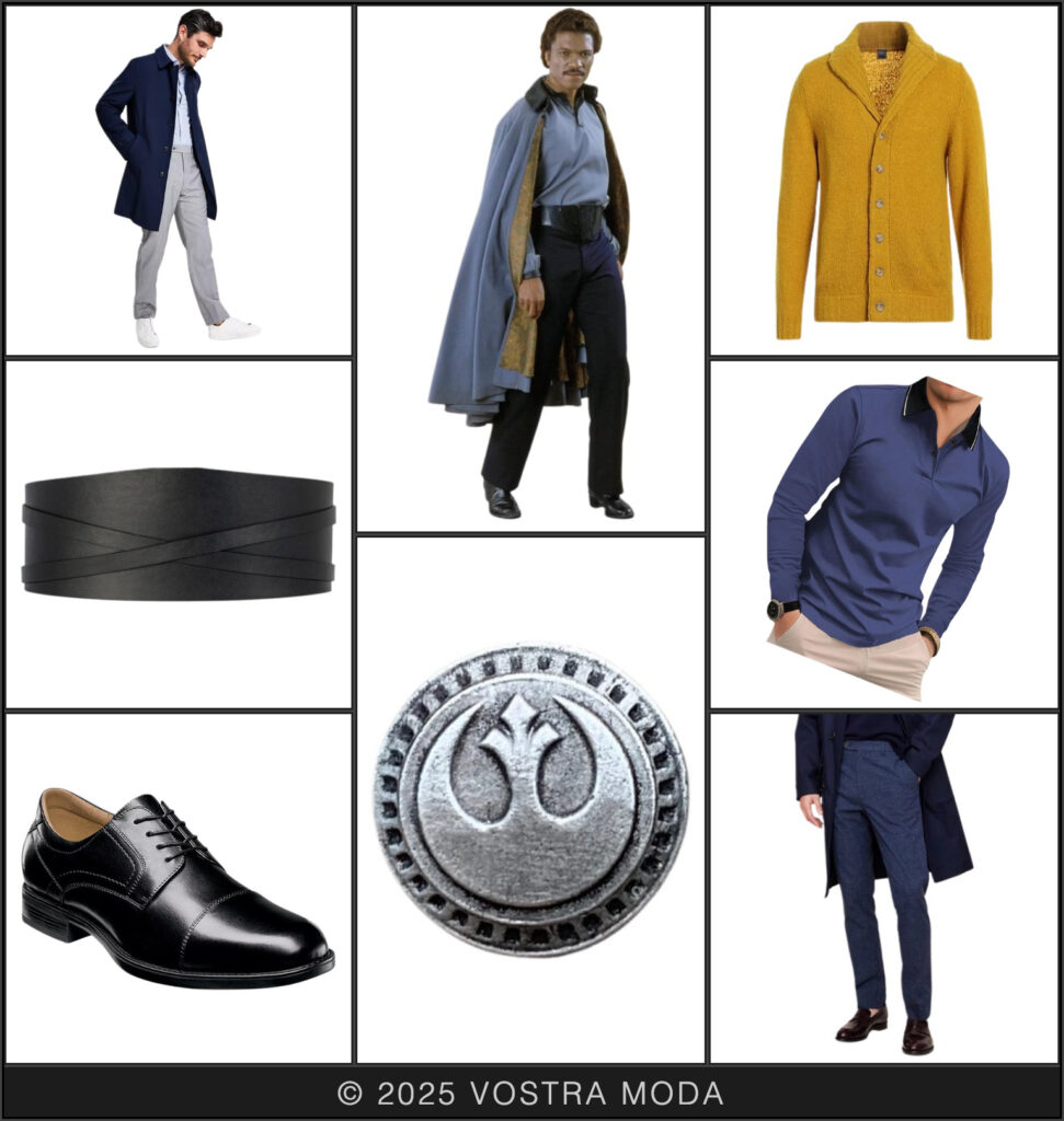 The mr Star Wars flatlay this week is inspired by smooth talker, Lando Calrissian, known for quotes like, “Yeah, I’m responsible these days. It’s the price you pay for being successful.” This professional inspired take of Lando's outfit pulls his color scheme of blue and black together with a touch of gold, but instead of gold lining on his cape, we're adding the pop of color with a cardigan and draping a navy blue raincoat over the top of the entire look. A wide waist belt adds a point of interest that is more similar to the actual costume, but you can always trade that out for a black leather belt paired with the dress pants if you prefer a simpler look.