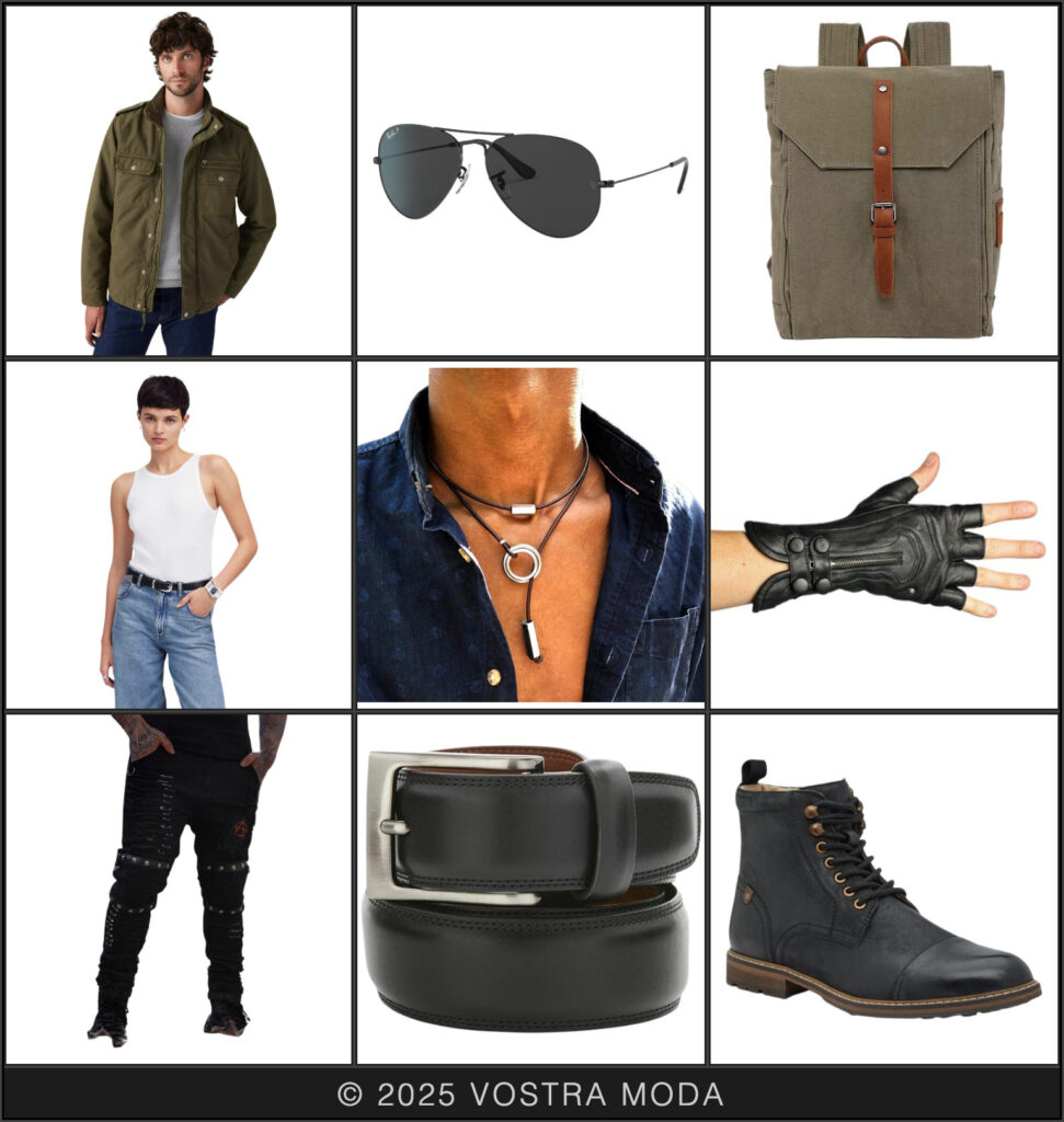 This mx flatlay is inspired by the Matriarch Archetype of "Punk Protector" - embodying some of the main characters who are willing to throw hands for those they love, this outfit is heavily inspired by Sarah Connor's look. Details like black aviators, boots, and fingerless gloves feel effortlessly cool, while black pants with safety pin detailing and a layered cord and silver necklace add touches of classic punk styling. Some utilitarian items like a utility jacket and matching bag make this outfit travel-ready for any badass on the go!