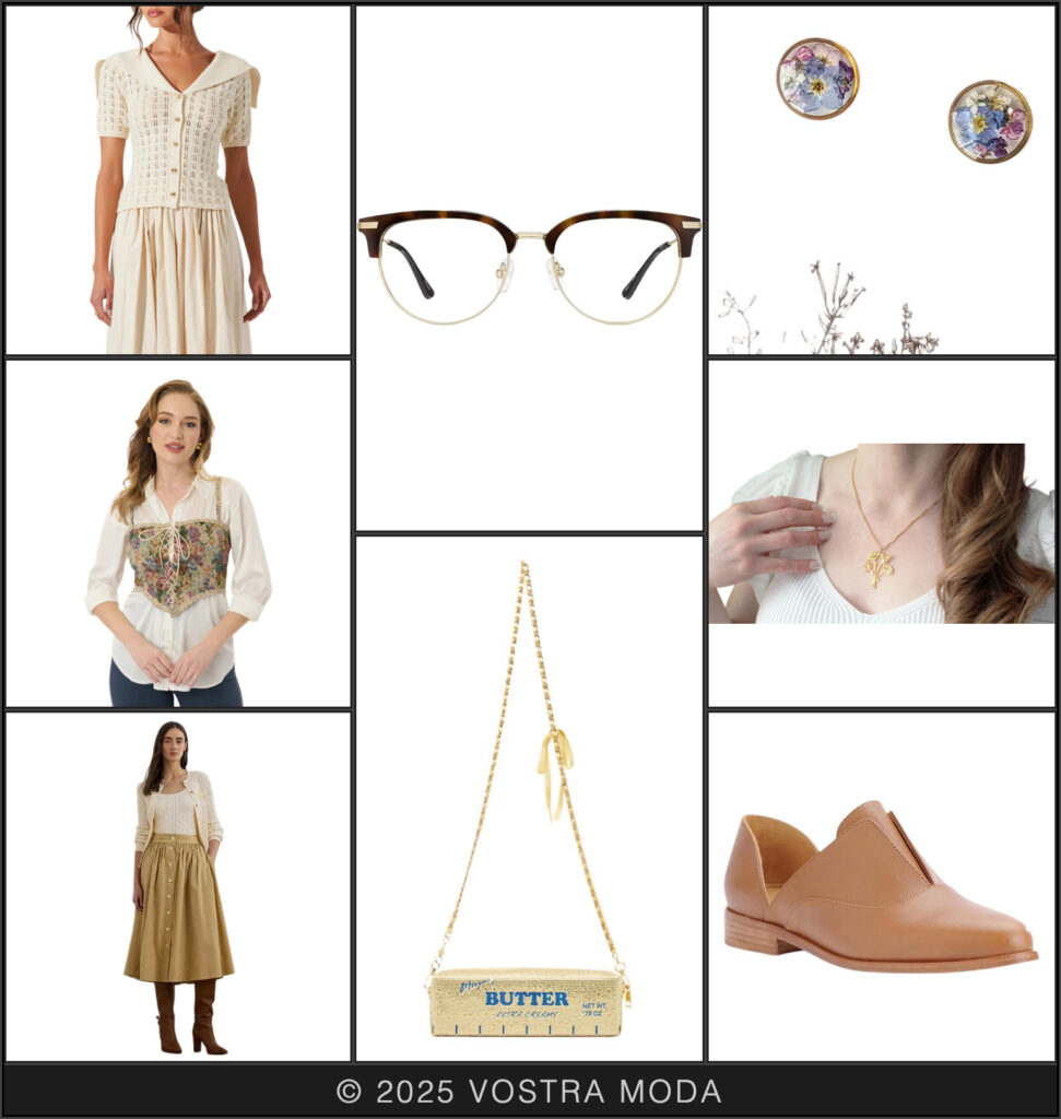 This ms flatlay is inspired by the Matriarch Archetype "Cozy Caretaker" - embodying the soft and comforting energy of a mom making your favorite meal, what better way to show your love of baking than with a butter purse?! Or for the green thumbs and flourishing floral tenders, details like pressed flower earrings, a bouquet pendant, or a floral print corset top are lovely accents to add in. This sweet look is made all the better with a cozy cardigan blouse, and button front skirt with great pockets for all the goodies we need help carrying! And pair of fashionable but functional tan loafers completes this whimsical outfit!