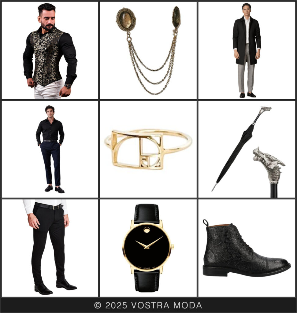 This mr flatlay is inspired by the Matriarch Archetype of "Regal Queen" - the look embraces drama with a touch of mystery with fitted black suiting and gold details. Some realm-ruling accents like a corset-inspired vest with gold brocade, gold collar pins, floral embossed boots, and an umbrella with a dragon head handle (in case you feel like embracing your "mother of dragons" energy on rainy days).