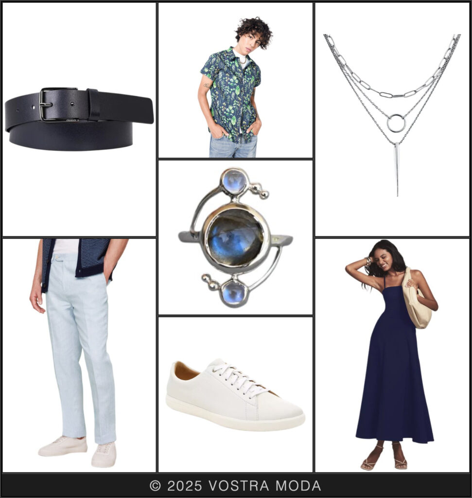 The Mx flatlay quick transformation - use the printed button up as your base item and pair with slacks and a belt for a more masc look, or a maxi dress and layered necklace for a more femme feel!