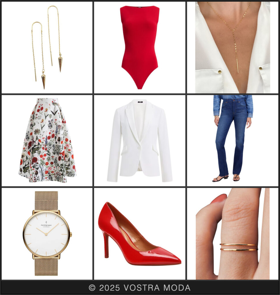 The Ms quick transformation flatlay - use the red bodysuit as your base layer with this look. For a more casual outfit, pair with jeans. For a more dressy look, pair with a printed skirt. Both look great with a red heel, white blazer, and gold accessories!