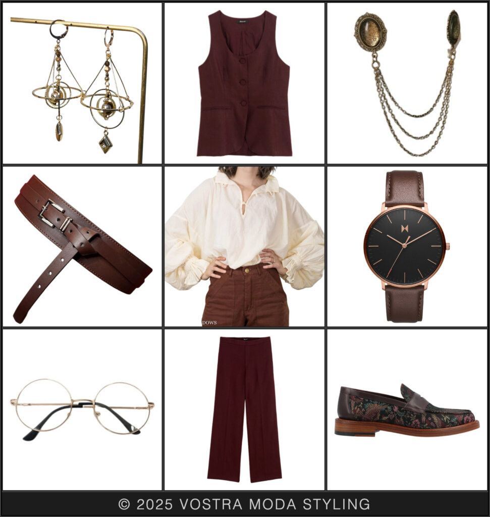 The mx fashion flatlay creates a feeling of magic and mystery but can still be made modern for a Renaissance Faire to Day Wear look using brown linen dress pants and vest with an oversized white darcy blouse and loafers. Details like a thick waist belt, gold framed glasses, and astronomy inspired earrings elude to studying maps and tomes by candlelight - or perhaps reading fantasy books with a cup of tea on the couch!