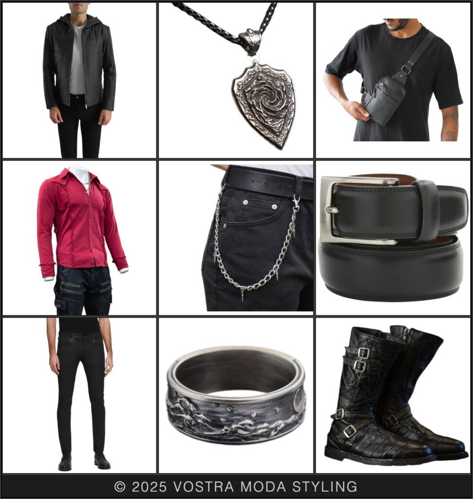 The mr fashion flatlay takes this Renaissance Faire look to a Day Wear outfit by using pieces like coated black denim jeans, buckled boots, and a gothic red button up shirt with detailed sleeves akin to bracers. Elements like a hooded leather jacket, crossbody sling, and some silver accessories add touches of modernism for a mix of eras!