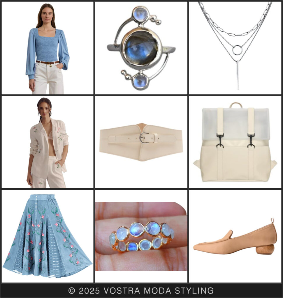 The ms fashion flatlay is the epitome of whimsy and elegance! A sky blue peasant blouse paired with a blue and pink floral skirt (with pockets) and a cream corset belt creates a lovely Renaissance Faire look. Adding a cream and floral blazer over top, some blue and silver accessories, camel loafer heels, and a handy cream and translucent backpack mixes the modern with the magic for an easy adjustment to take this look from Ren Faire to Day Wear!